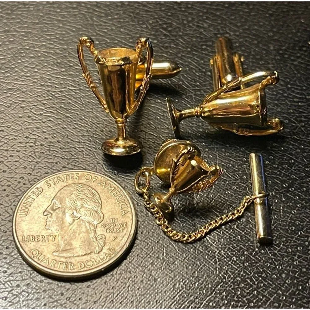 Vintage Swank Tivoli Gold Tone Trophy Cup Award Winner Cuff Links Tie